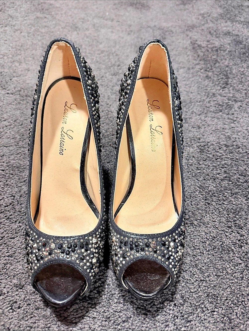 Lauren Lorraine Embellished Peep Toe Heels in Black & Silver
